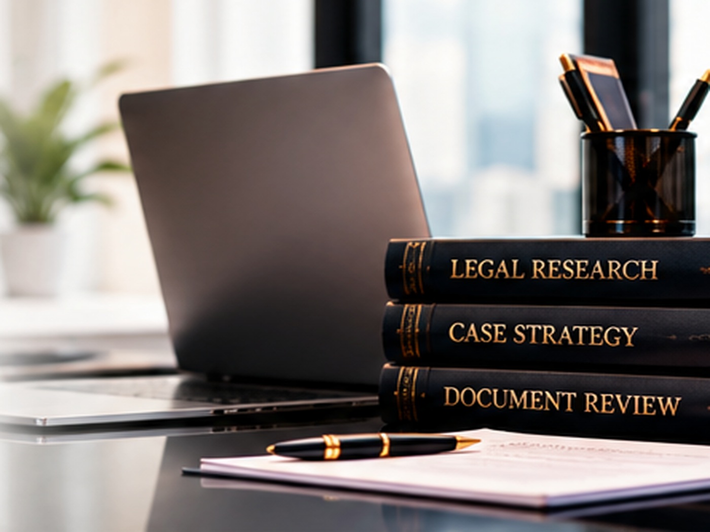 Premium legal workspace with law books, a justice scale, drafting notebook and office tools